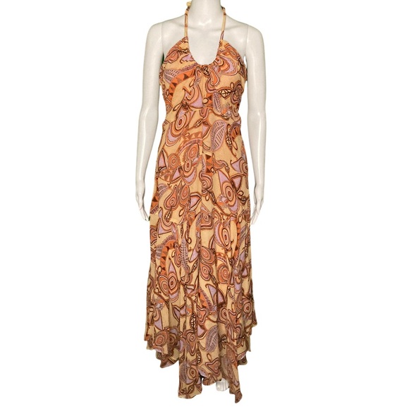 NWT A.L.C. Amina Nude Peach Multi Print Handkerchief Hem Silk Maxi Dress - Sz 6 - Picture 3 of 10